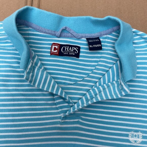 Chaps Mens XL Blue & White Striped Polo Shirt 100% Cotton Embroidered Logo Short - Picture 3 of 7